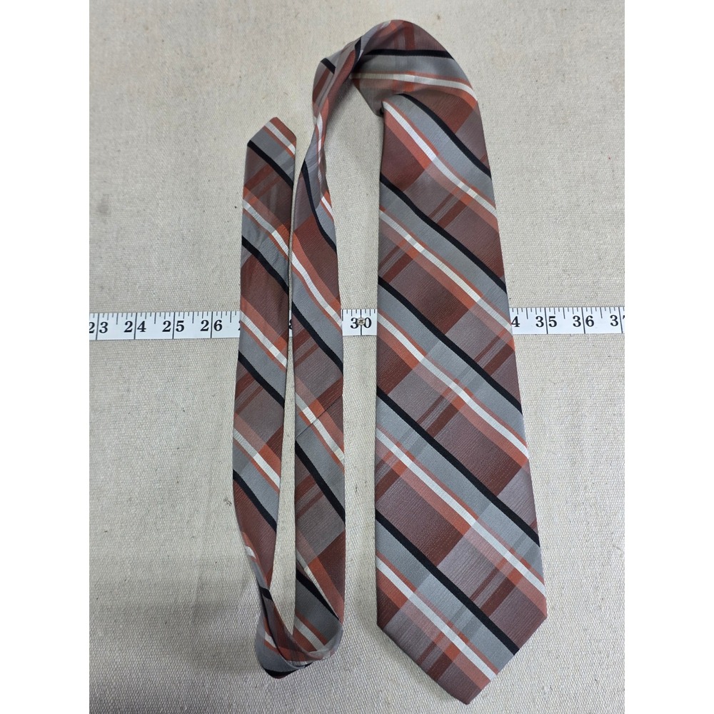 Vintage Wembley Wemlon Mens Plaid Necktie Brown Grey Orange Washable Polyester